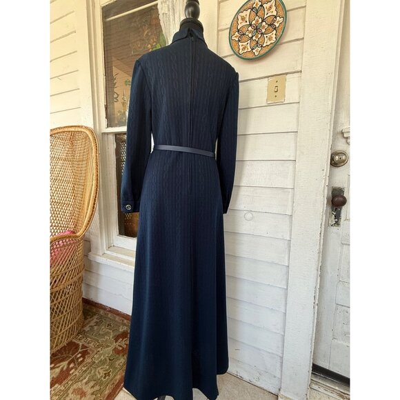 Vintage 70's Navy Blue LeRok Korell Knit Maxi Dress With Belt Sz M - Picture 3 of 16